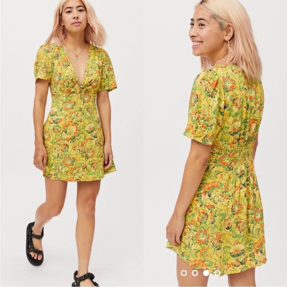 NWT Urban Outfitters Women Bettie Twist Front Mini Dress Linen Blend Retro Large - Picture 1 of 9
